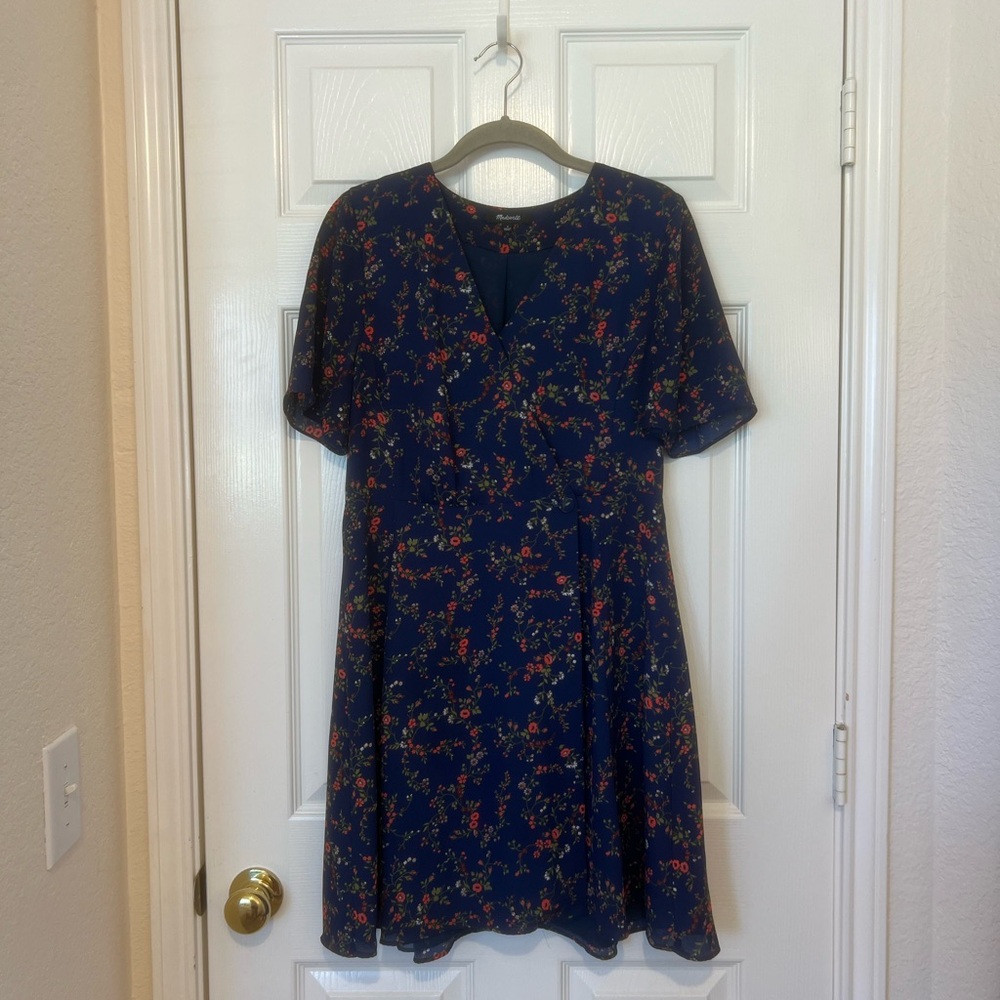 Madewell Navy Floral Wrap Dress with Red and Green Accents